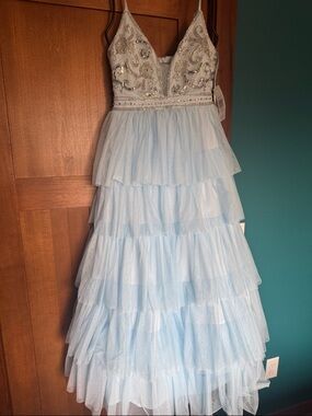Ready for prom! Light Blue Tiered Tulle Dress with Embellished Bodice